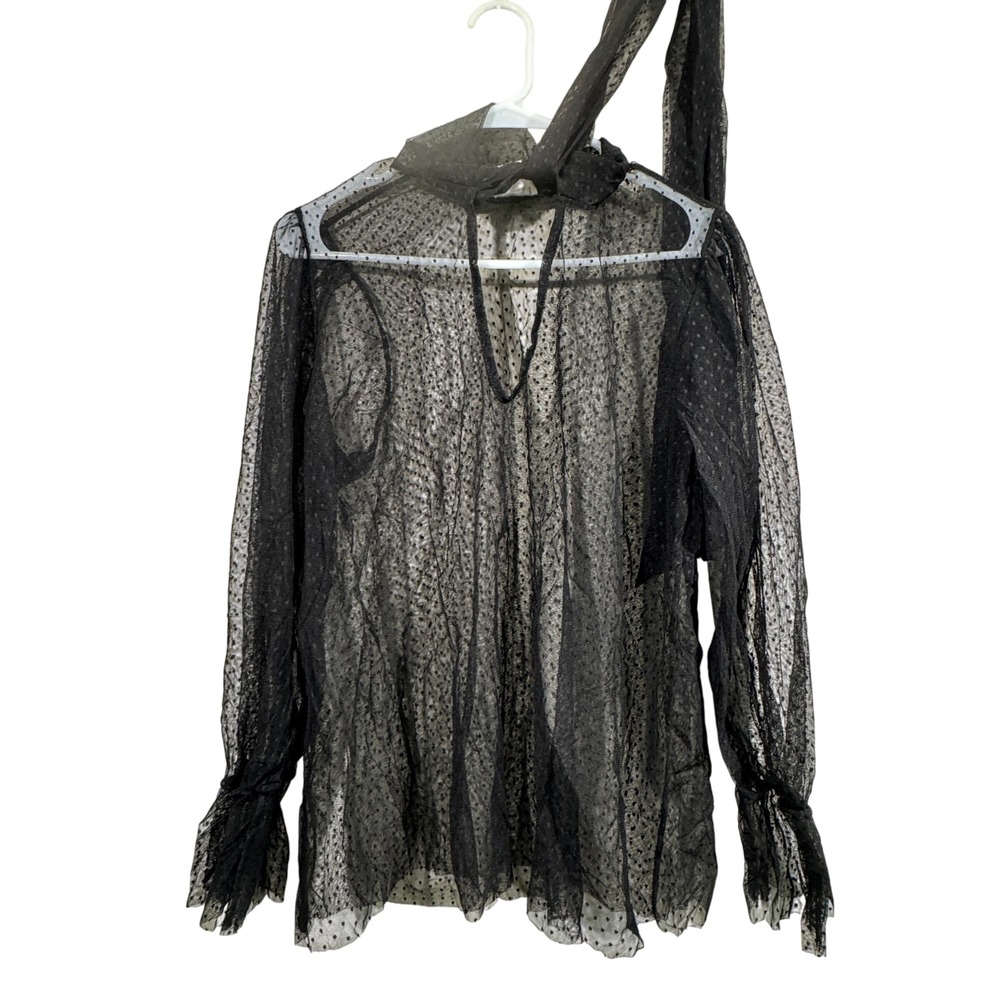 Quum‎ Sheer Polka Dot Mesh Blouse Women 1X Tie Neck Long Sleeve Gothic Romantic